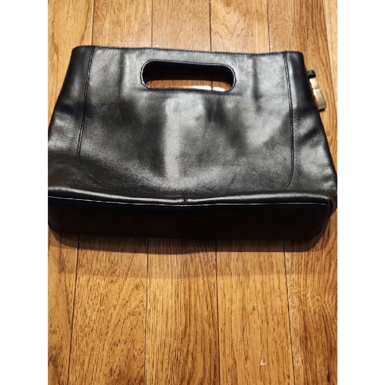 Structured Black Leather Wristlet Clutch P-004