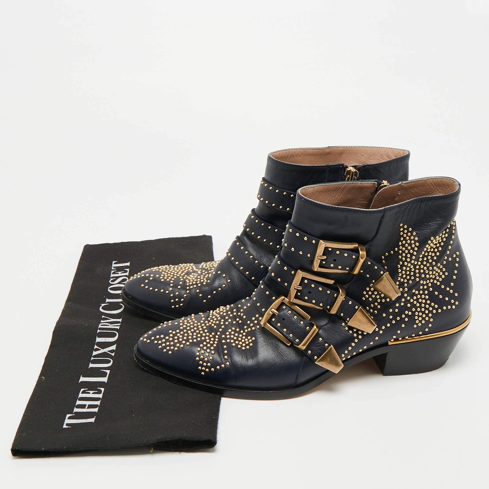 Chloe Susanna Studded Size 38 Navy Blue Leather Ankle Boots