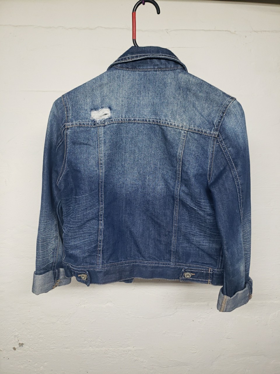 Mudd Women’s Denim Half Jacket Distressed Trucker Blue Cotton Blend Medium C12