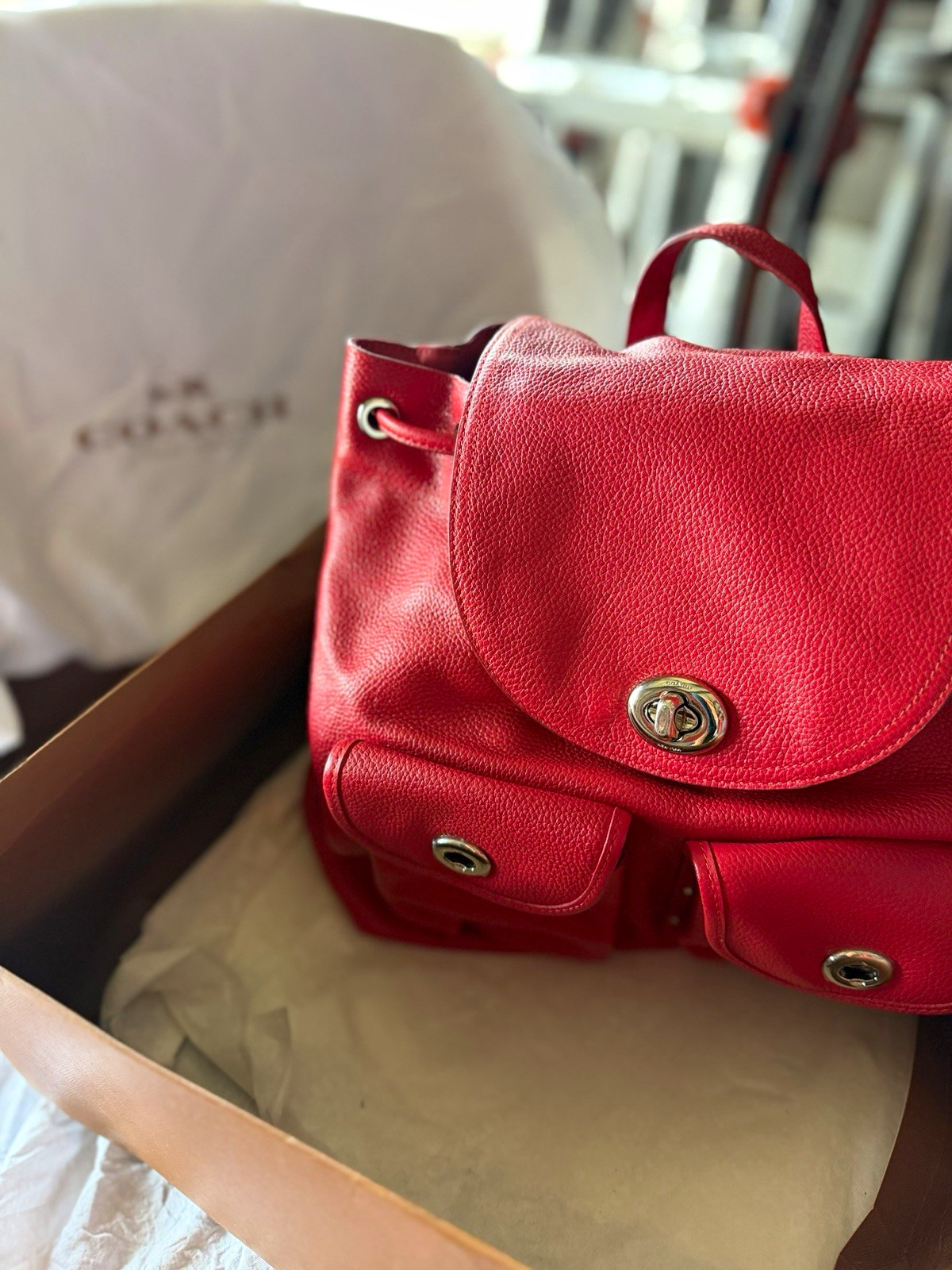 Coach Women’s Red Medium Backpack Pebbled Drawstring Turnlock Pockets Dust Bag