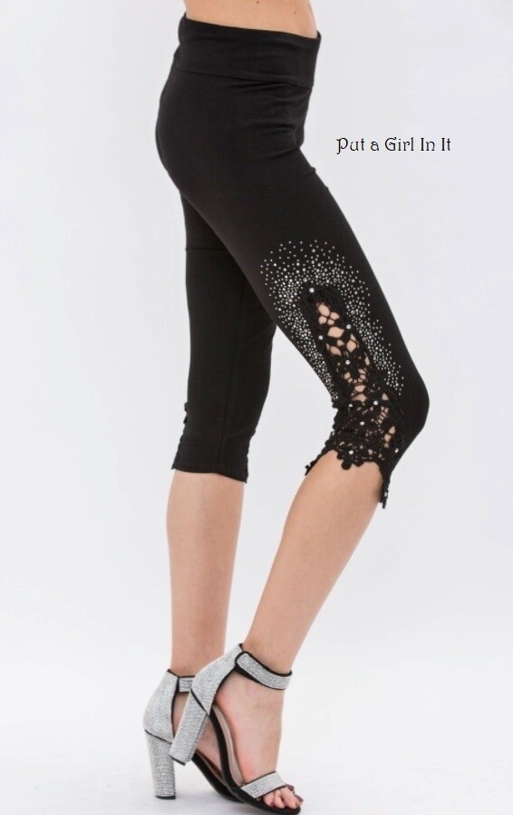 New VOCAL Womens CRYSTAL BLING SOFT BLACK LACE CAPRI LEGGINGS S M L XL 1X 2X 3X
