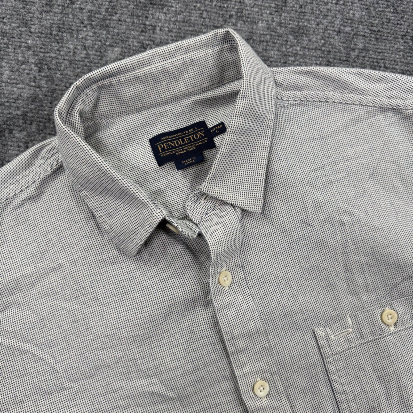 Pendleton Button Up Shirt Large Grey Micro Pattern Short Sleeve Fitted Mens