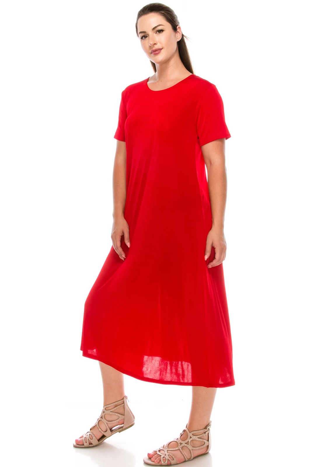 JOSTAR LONG DRESS Poly Spandex Slinky STRETCH Knit TRAVEL RED S M L XL 2X 3X