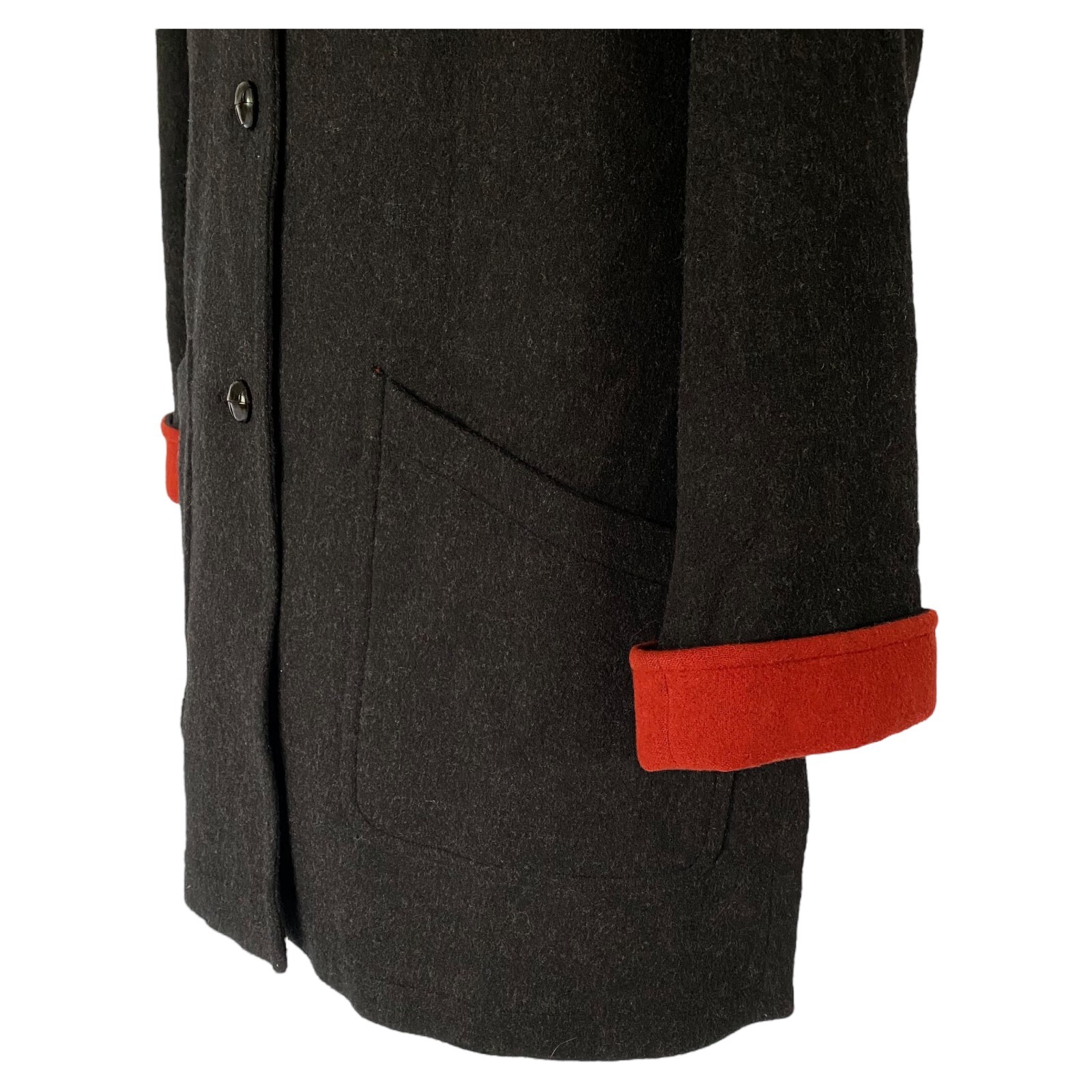 LODENFREY Hooded Coat Black Charcoal Virgin Wool Red Trim Ladies UK 18 D/A 44