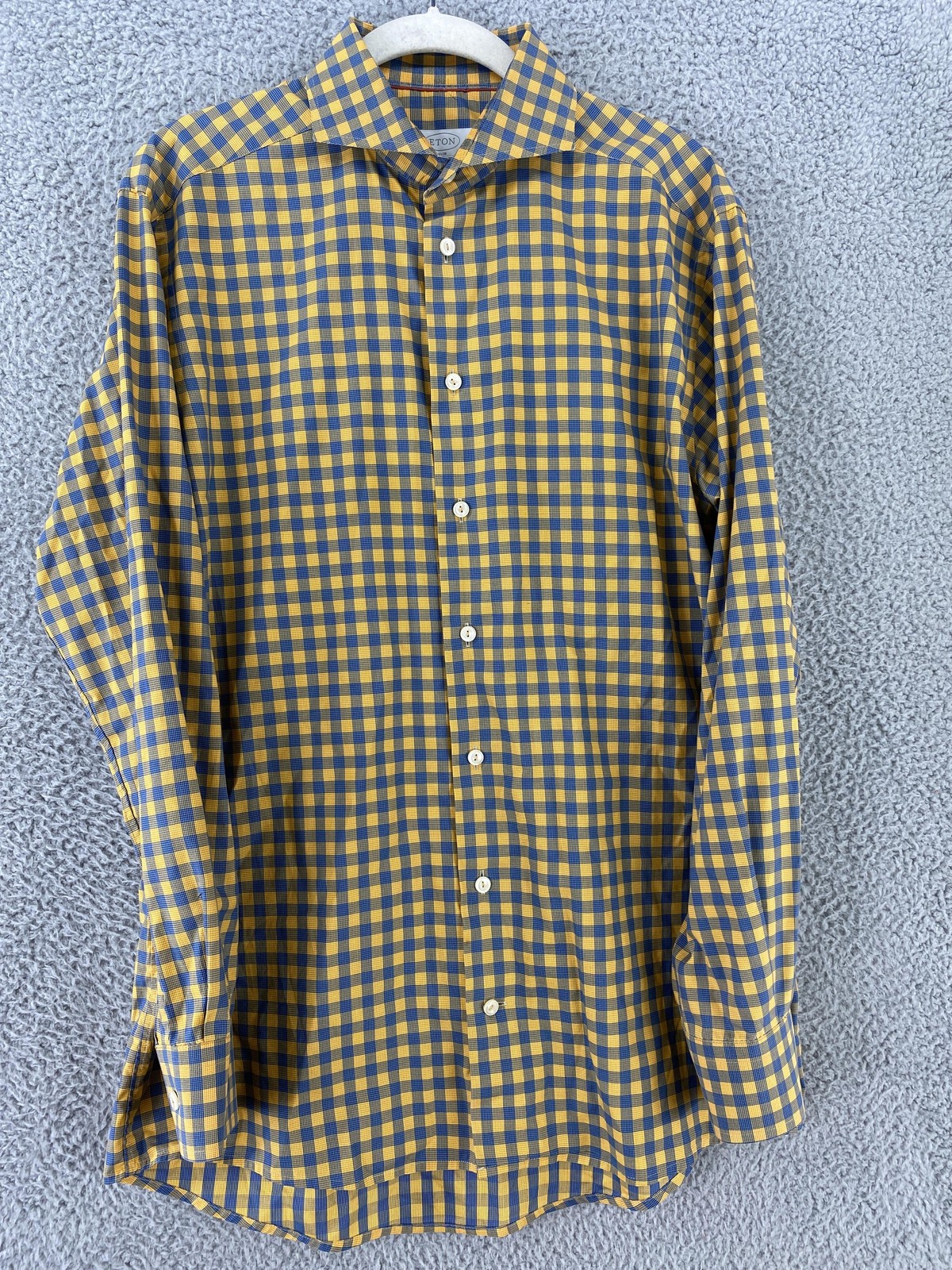 Eton Shirt Mens 16 41 Yellow Blue Gingham Slim Fit Dress 24.5 in Sleeve Cotton