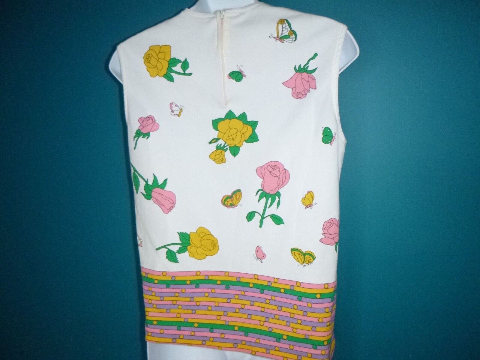 Vtg 60s 70s MOD Poly Knit Novelty Shirt Roses & Butterflies Sz M