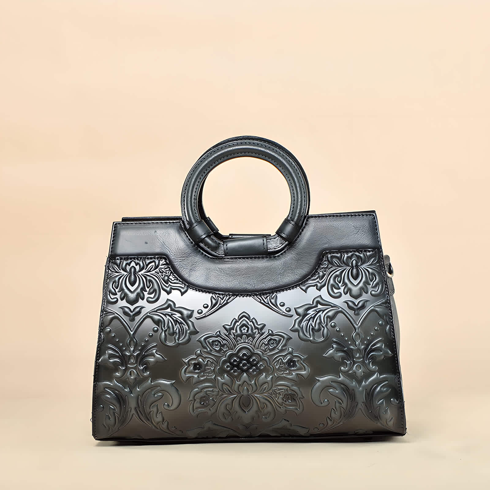 Erivis Black Top round handle Leather Bag Handbag Hand-Carved Vintage