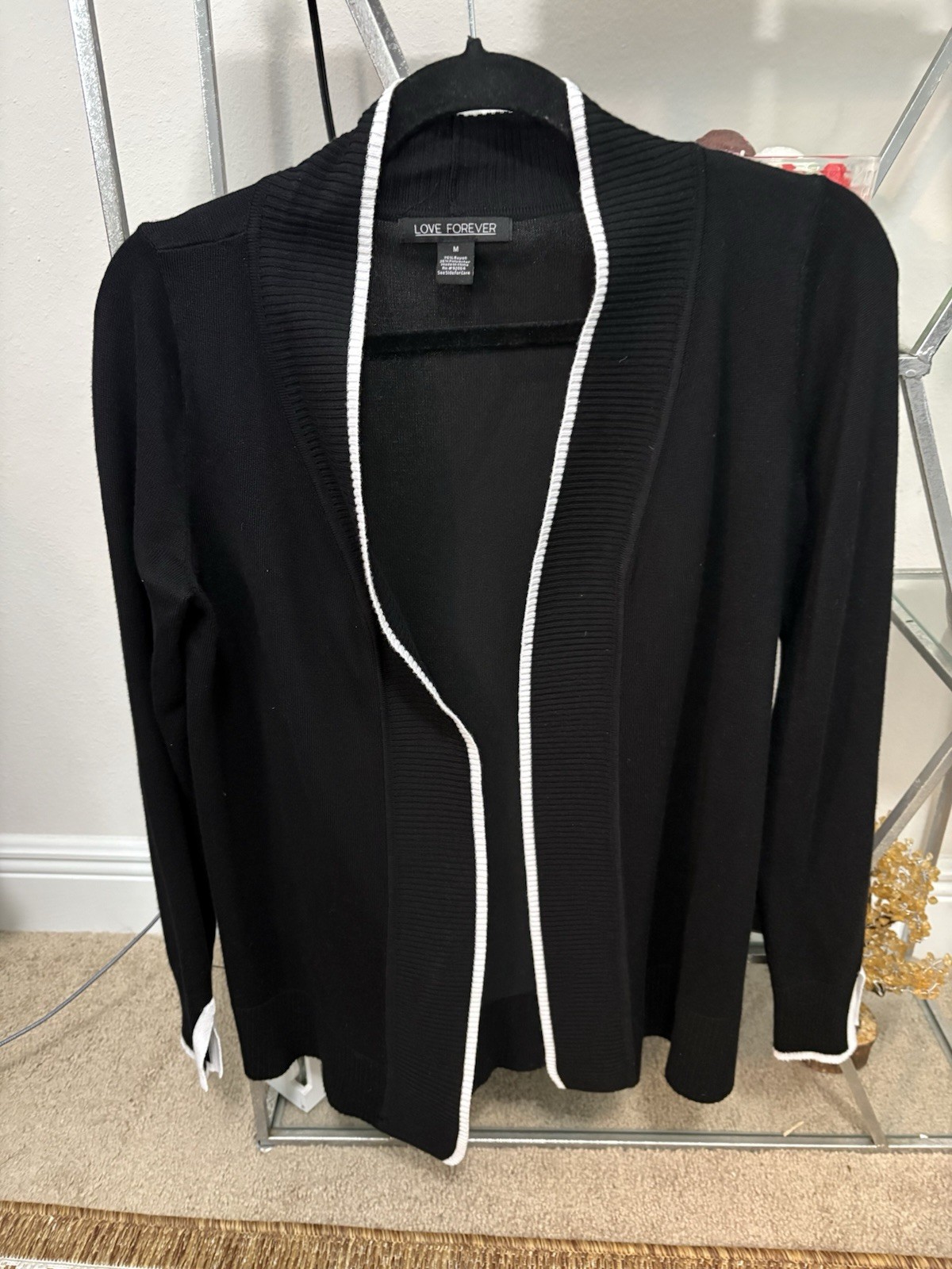 Love Forever womens open front long sleeve cardigan black w/ white trim Med