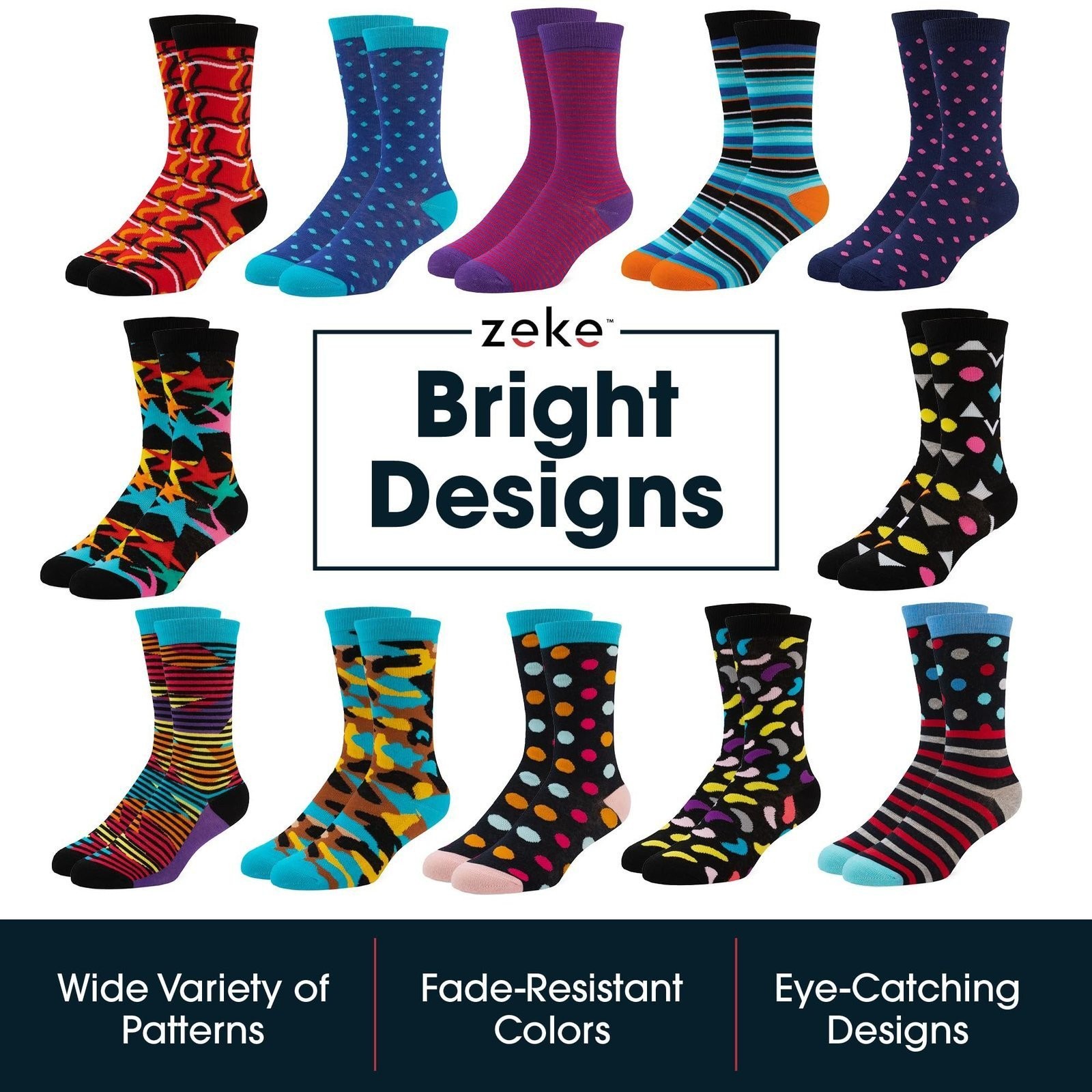 ZEKE Men’s Dress Socks Funky Fun Colorful Crew Socks 12 Assorted Patterns