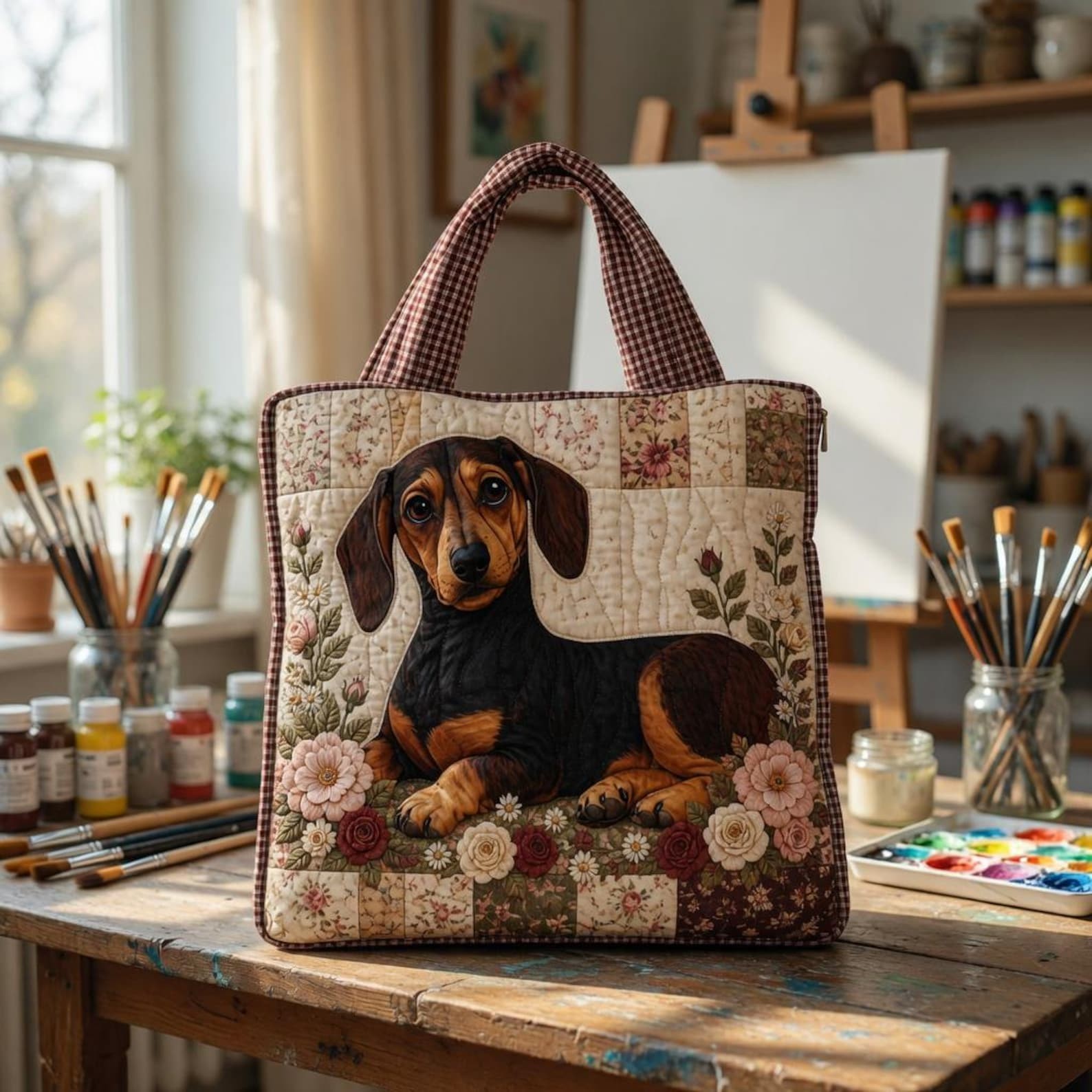 Dachshund Floral Patchwork Quilted Tote Bag, Wiener Dog Applique Handbag, Animal