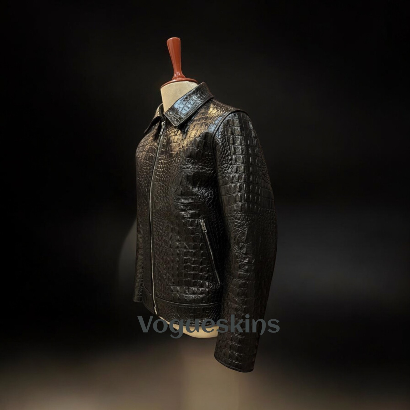 Men’s Black Leather Jacket Crocodile Embossed Pattern Alligator Leather Jacket