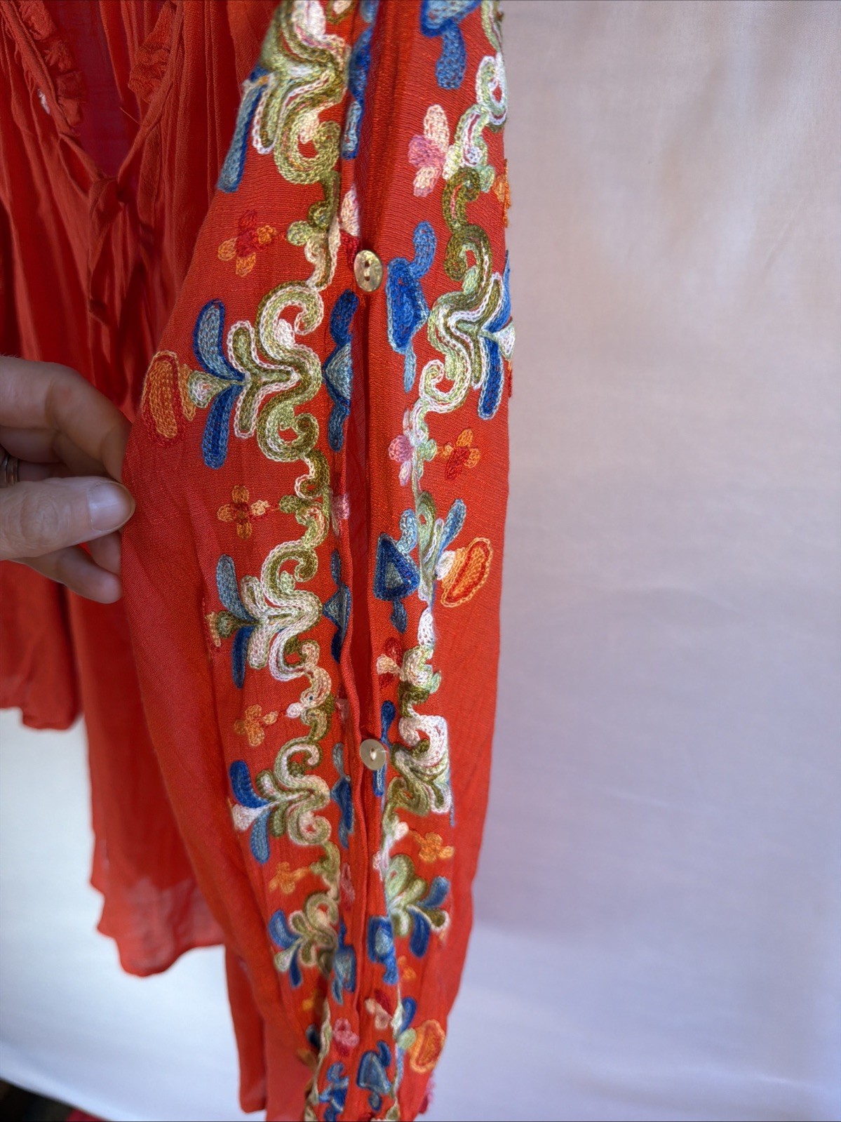 Fig And Flower Red Womens Tie Front Blouse With Bohemian Embroidery