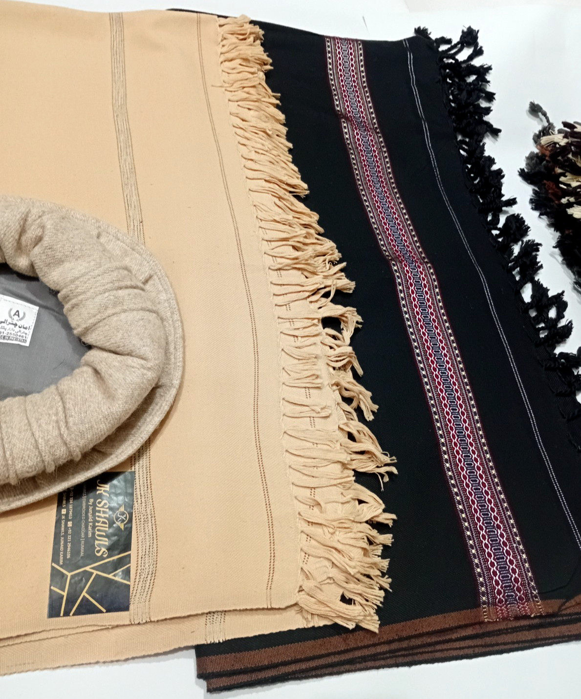 Handmade Afghan Pakol Cap with 2 Wool BLACK Shawls AND OFF WHITE SHAWL FREE HAT
