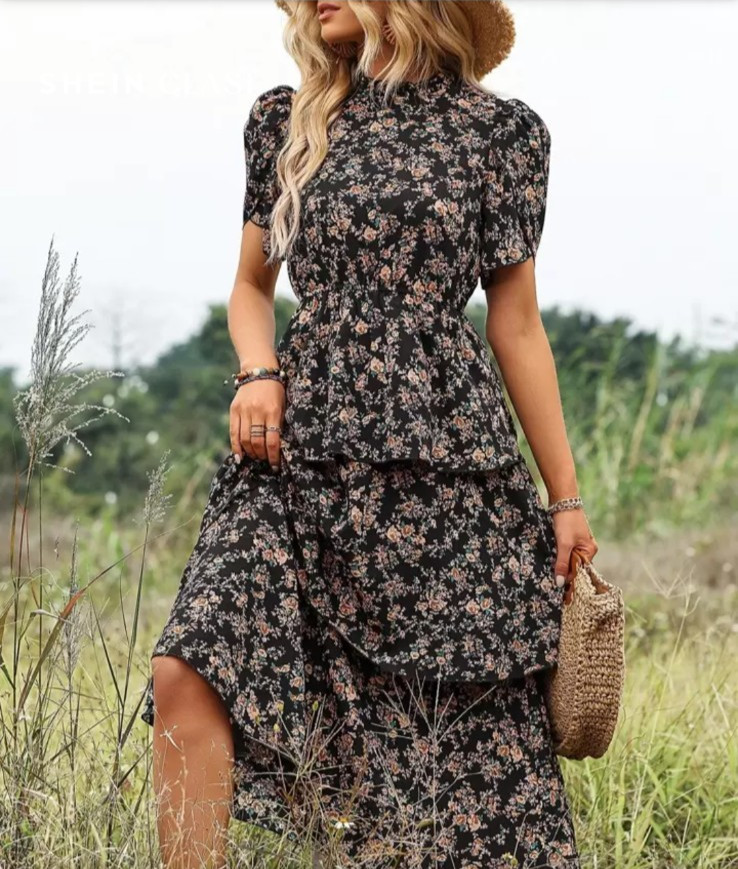 Ditsy black floral Petal Sleeve Layered Midi Dress small Prairie Forest Fairy