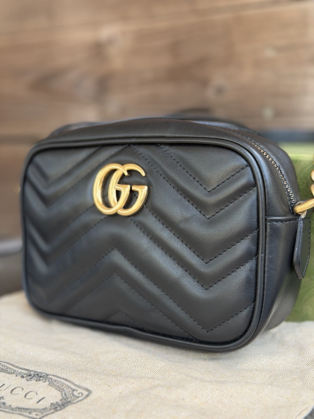 Gucci Calfskin Matelasse Mini GG Marmont Chain Shoulder Bag Black
