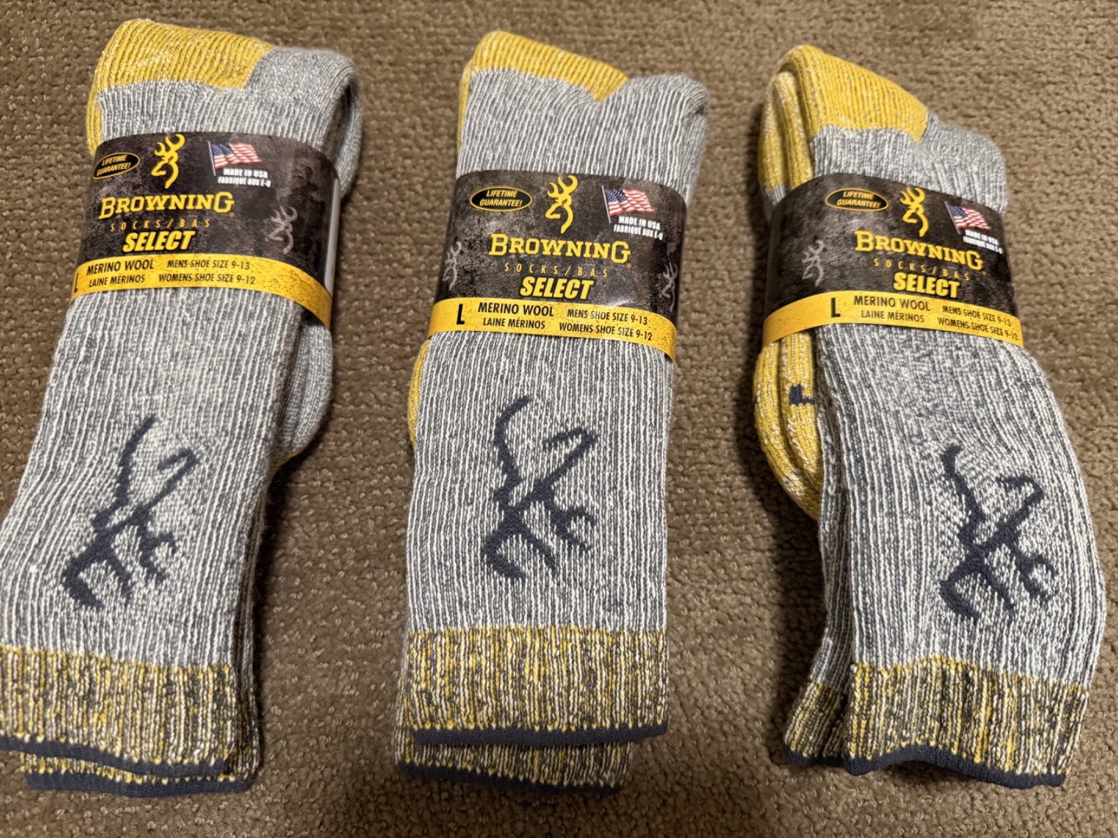 Browning Select Merino Wool Socks 3 Pair Lot 85% Merino Wool Heavyweight