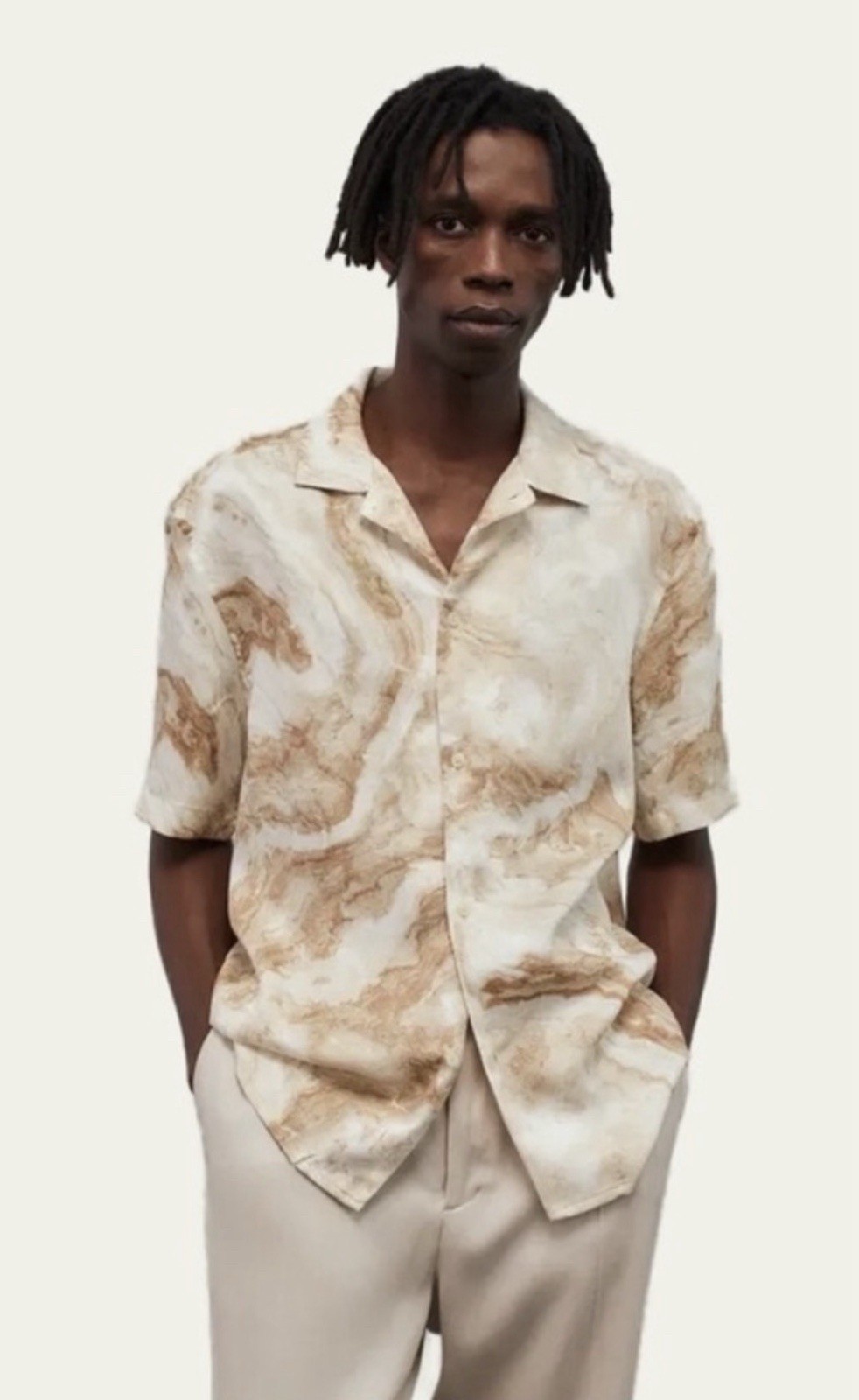 H&M Marble-Print Short Sleeve Button Shirt in Cream & Tan Mens XL