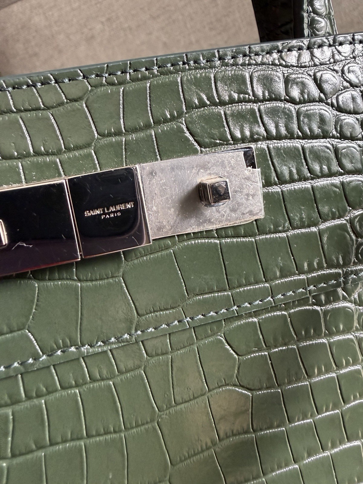 SAINT LAURENT Small Manhattan Green Silver Embossed Leather Bag Shoulder Strap