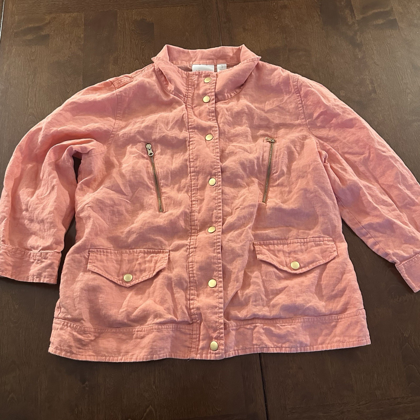 Chico’s Women’s Utility Jacket Cross Dye Linen Pink Snap Button Front Size 1