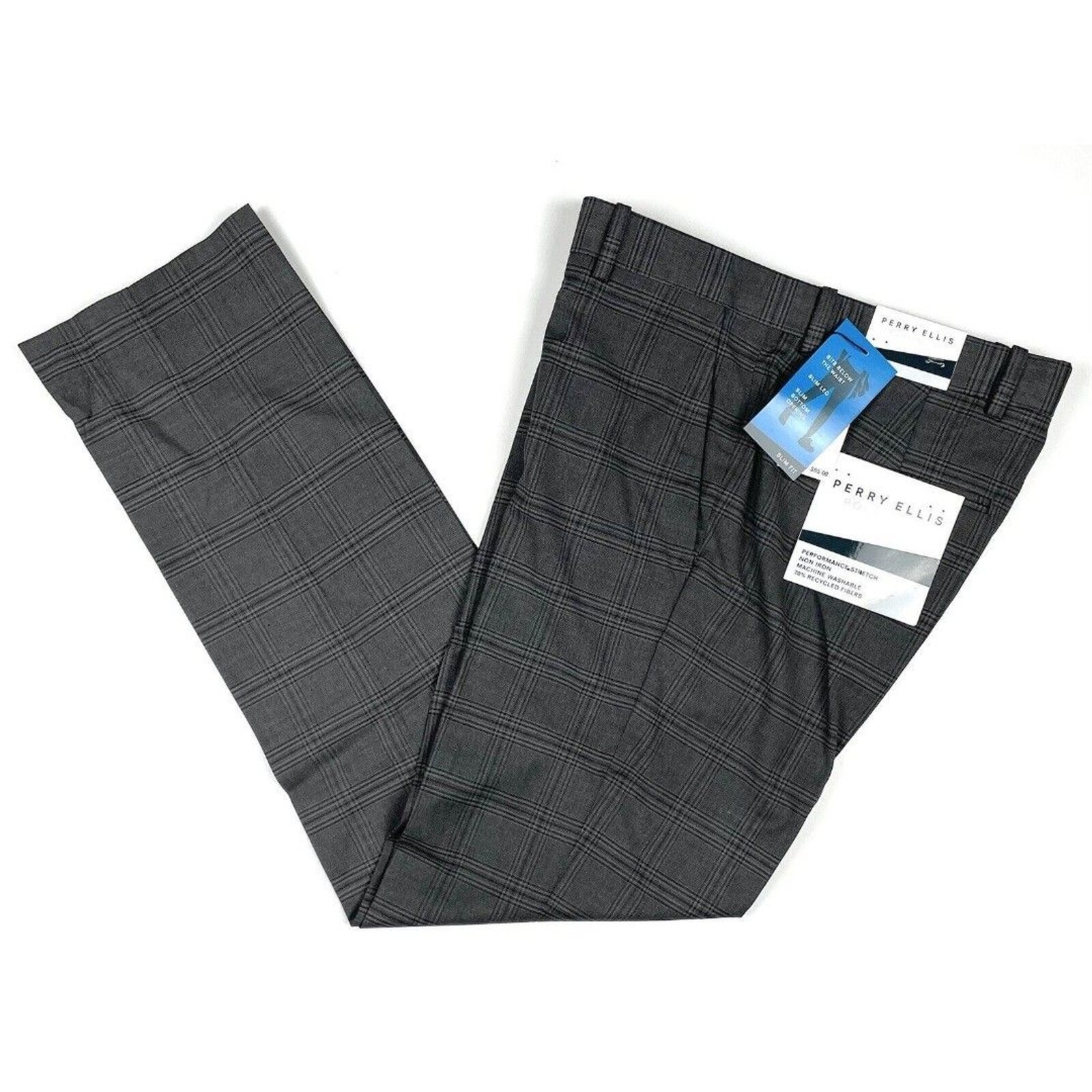 Perry Ellis Portfolio New Men’s Charcoal Slim-Fit Windowpane Plaid Pants 36×29