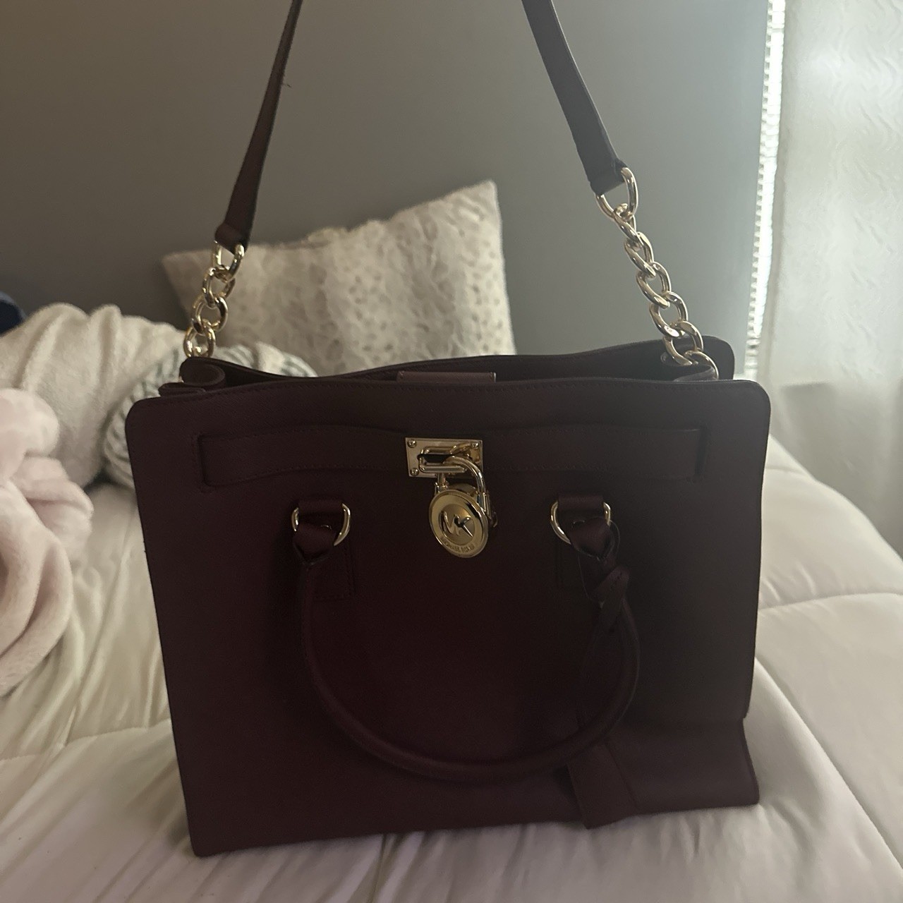 Michael Kors Burgundy Large Satchel Lock Gold Hardware Detachable Strap
