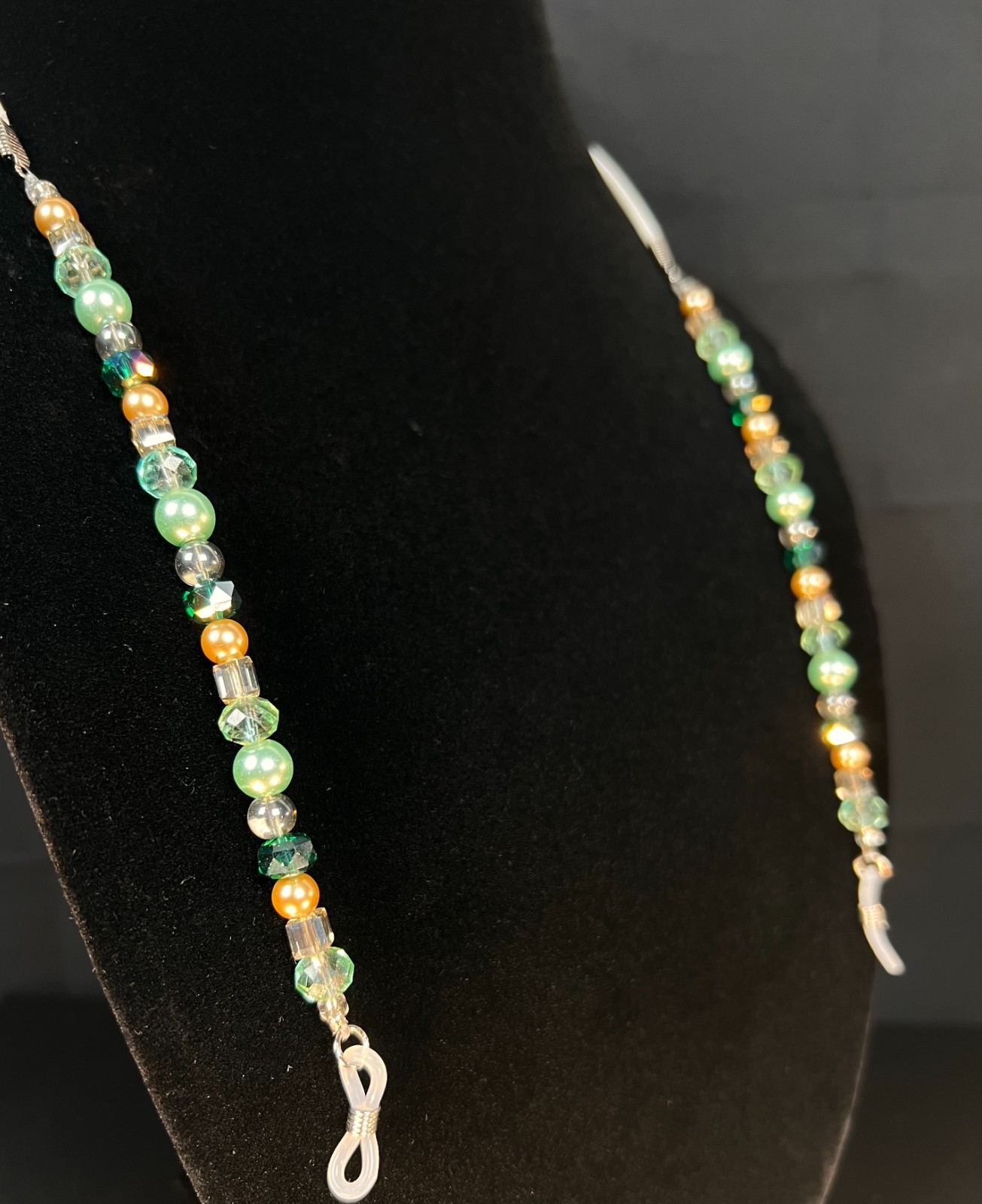 Handmade Eyeglass Chain: Crystal Glass Beads, Green, Tan