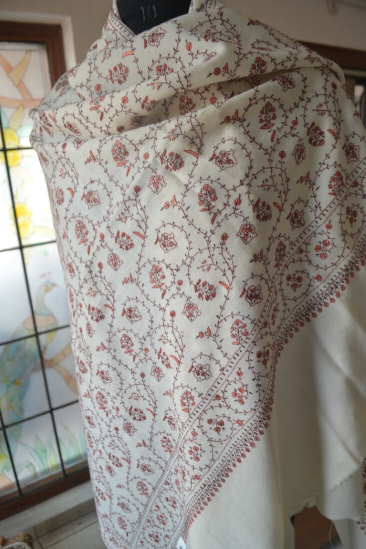 OFF-WHITE MICRO JAAL KASHMIRI EMBROIDERY WEDDING SHAWL 100% CASHMERE PASHMINA