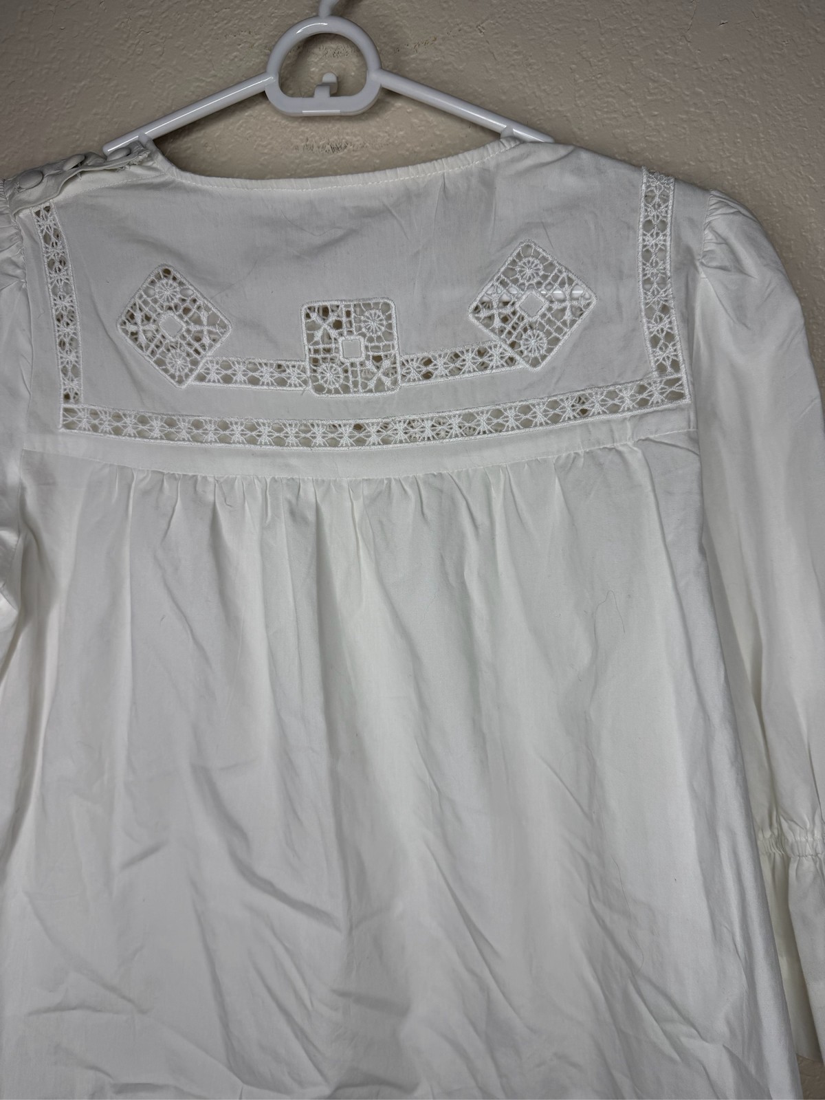 Anthropologie white Cotton Lace Eyelet Peasant Blouse Puff Sleeve Boho Shirt XS