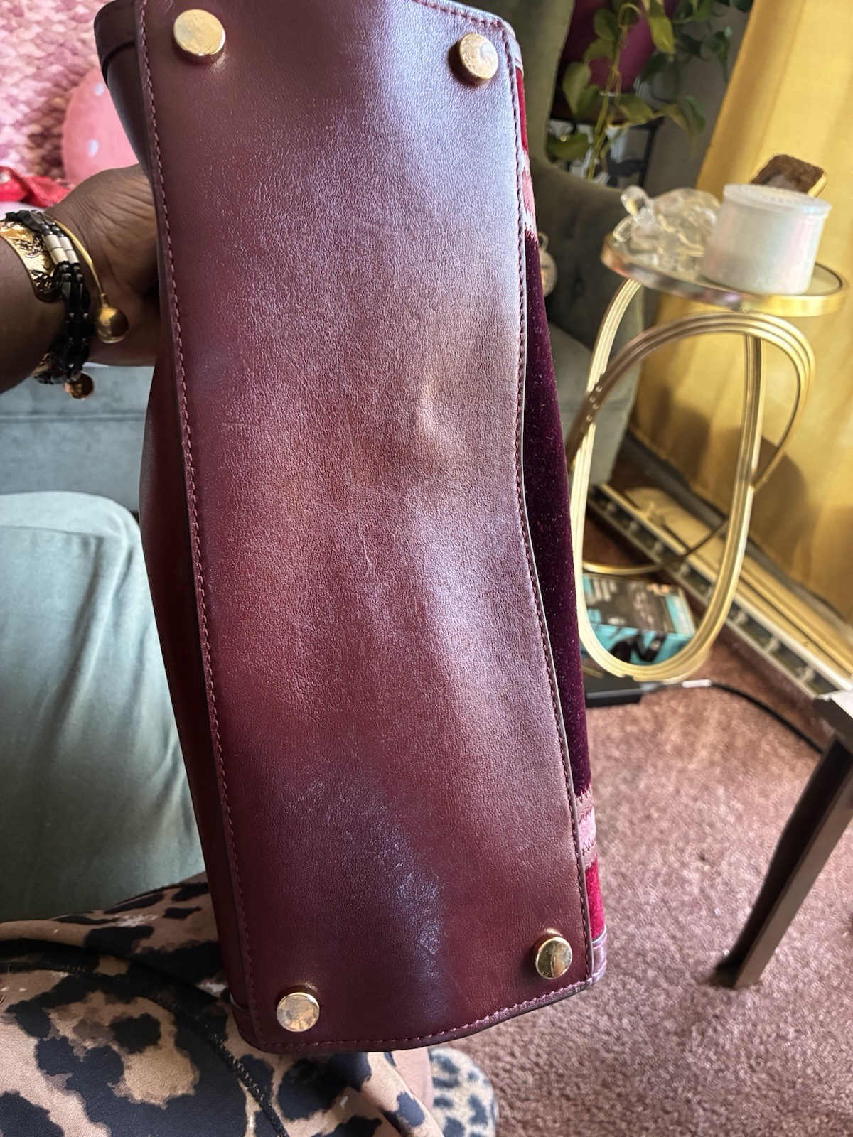 Women Burgundy Colorblock Top Handle Bag Push Lock Gold Hardware Lined Pockets