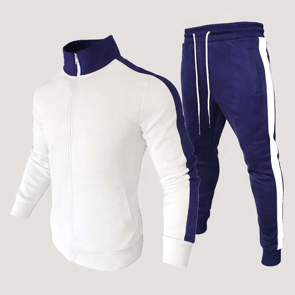 Men’s Tracksuit Set Slim Fit White & Navy Blue Gym Sportswear Jogger Hoodie Set
