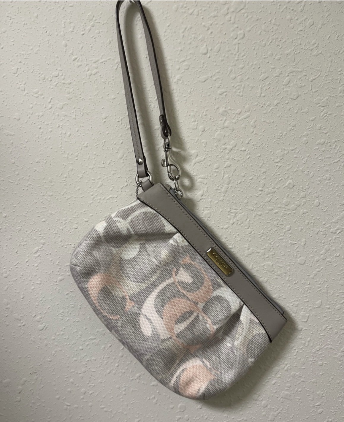 Coach Signature Gray Logo Wristlet Zip Pouch Silver Hardware Wrist Strap