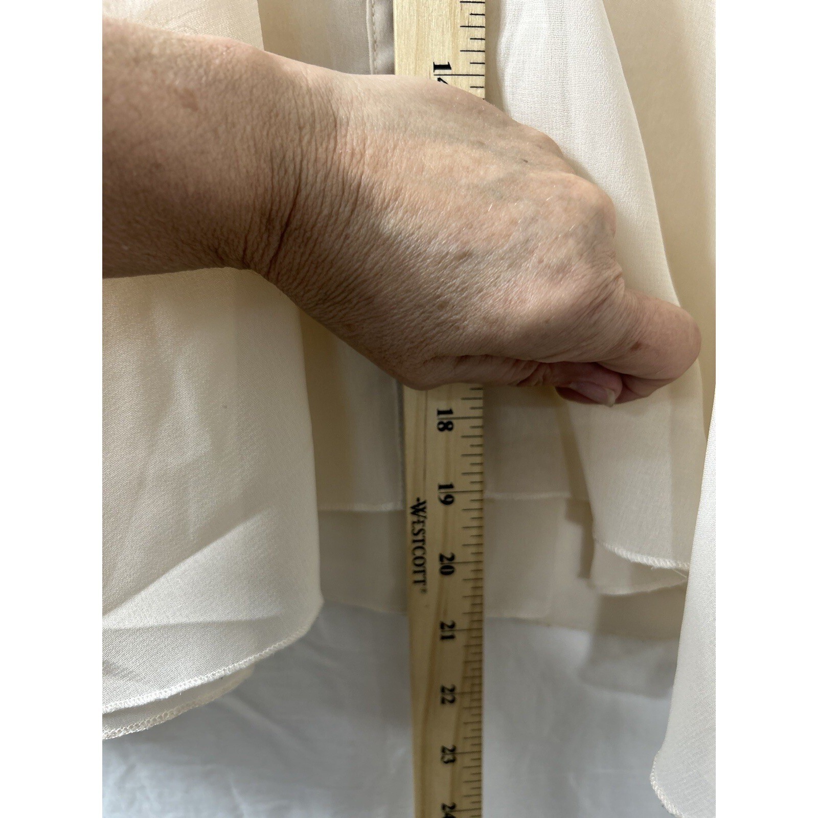 Analogy Sheer Chiffon Blouse L Ivory Roll Tab Button Boho Minimalist Office
