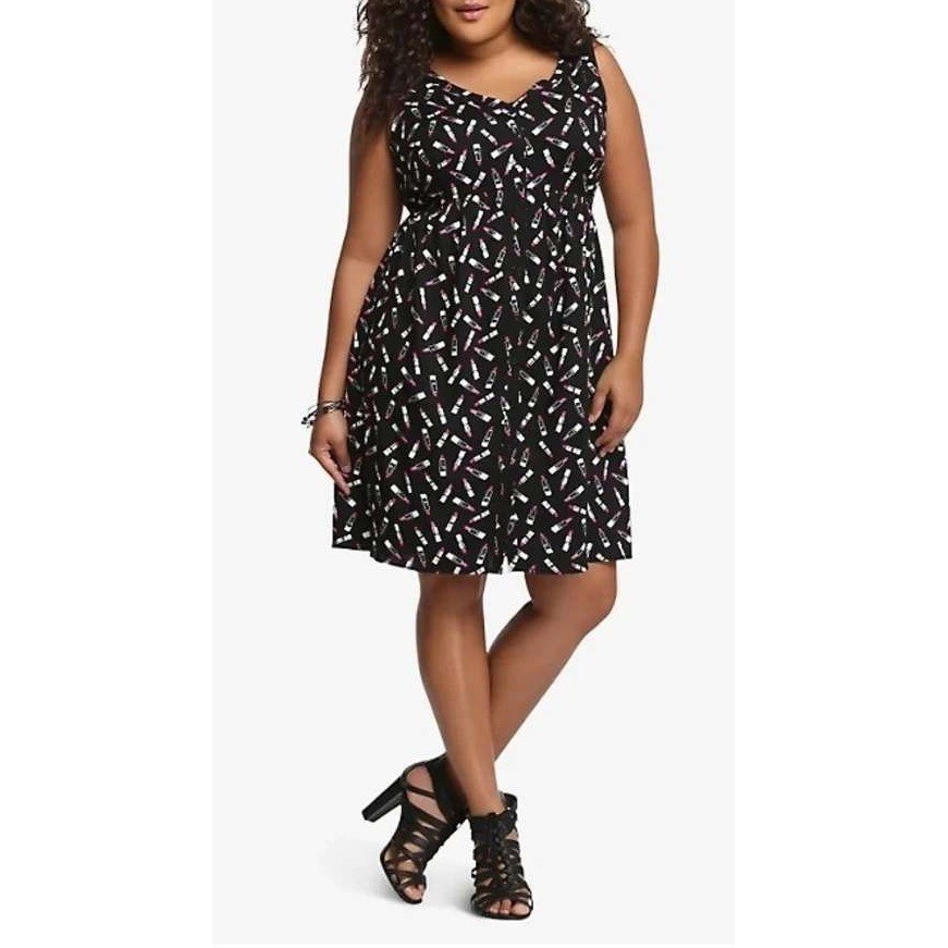 Torrid Lipstick Challis Mini Dress Womens 2XL Black Novelty Rockabilly Kitschy