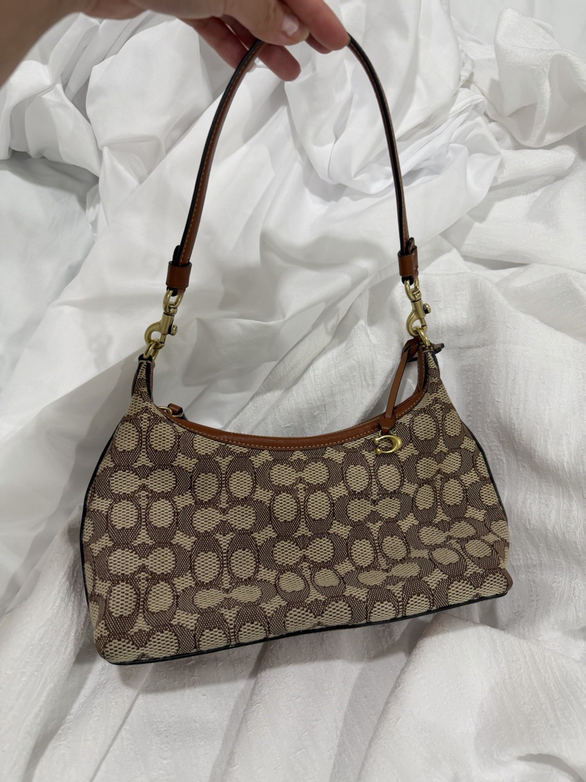 Coach Juliet 25 Brown Logo Pattern Shoulder Bag Gold Chain Detachable Strap
