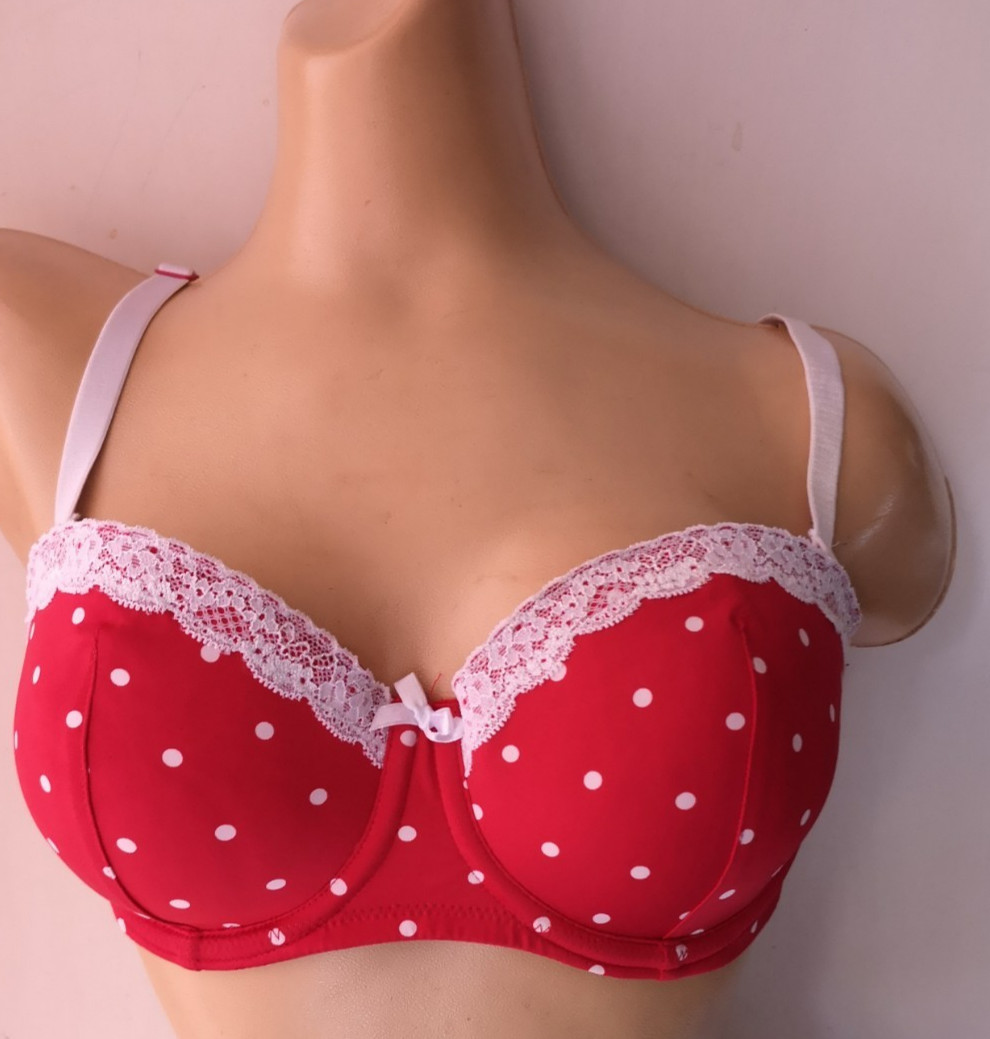 F&F RED WHITE SPOT U/WIRED MOULDED BALCONEY STRAPLESS BRA SIZE 32DD NEW
