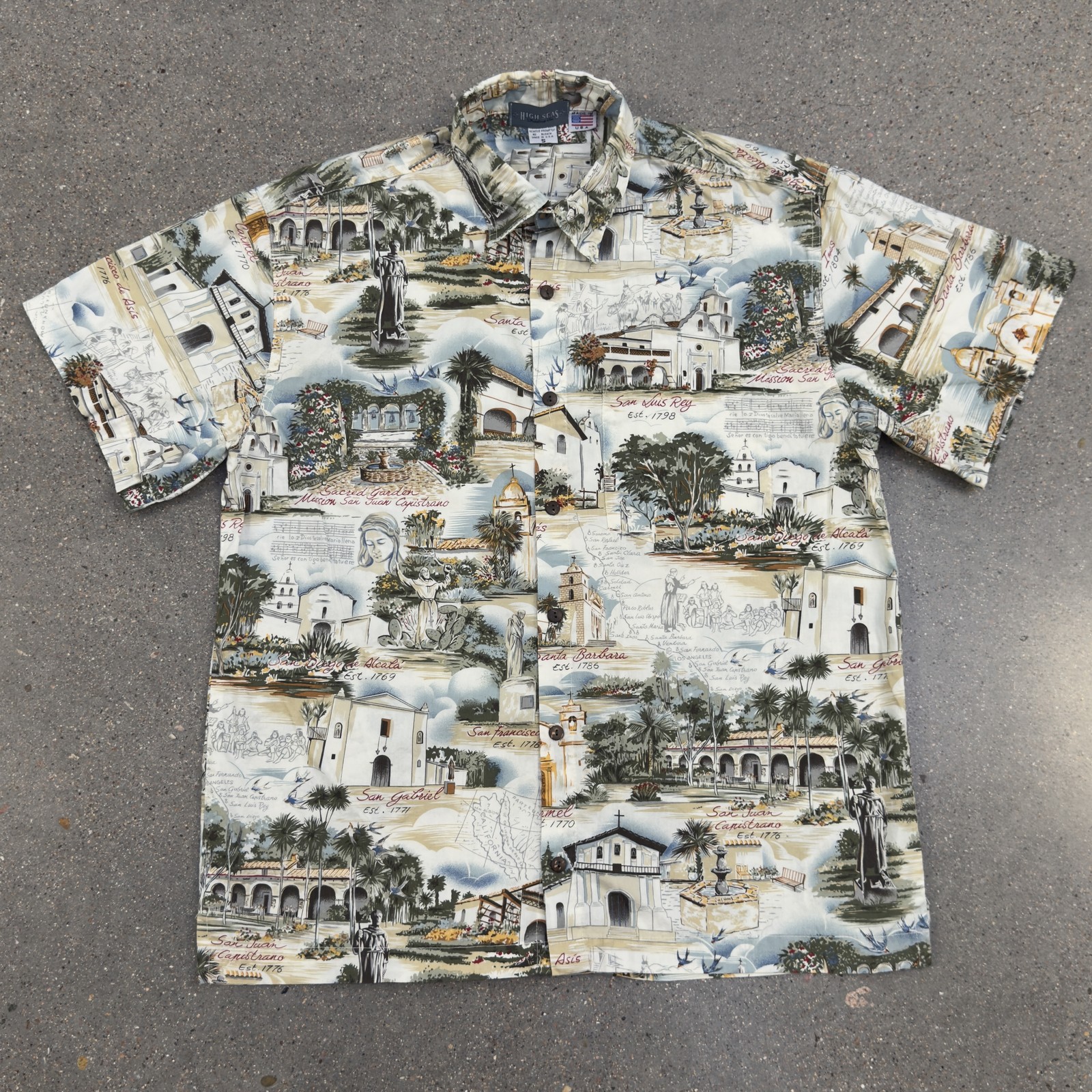 Vtg 90s High Seas Trading Co Shirt Mens S California Missions Map USA Aloha AOP