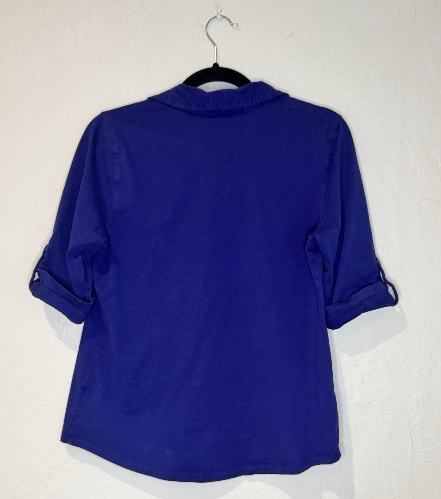Style & Co. Women’s M Blue Solid Woven Cotton Collared Short Sleeve Button-Up