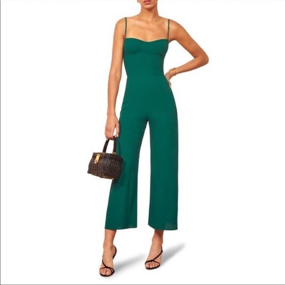 Reformation Green Wide-Leg Jumpsuit V-Neck Strappy Smocked Back Size 0