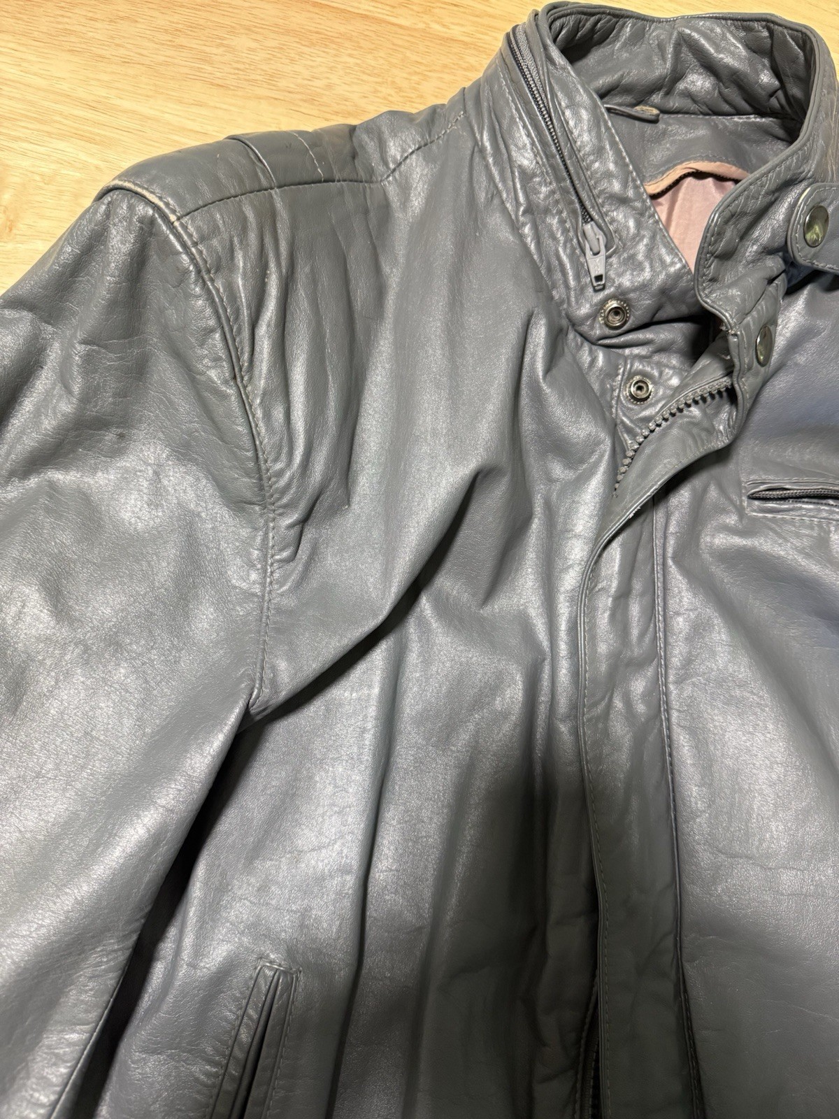 Vintage Men’s Gray Leather Jacket Moto Bomber Style YKK Zip Size 38