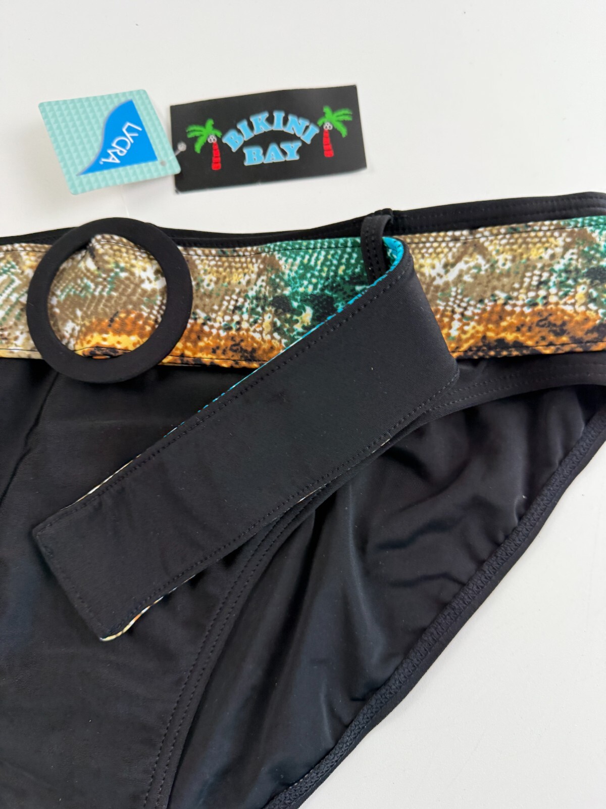 Bikini Bay Thick Belted Classic Hipster Bikini Bottom Black Size 16 NWT