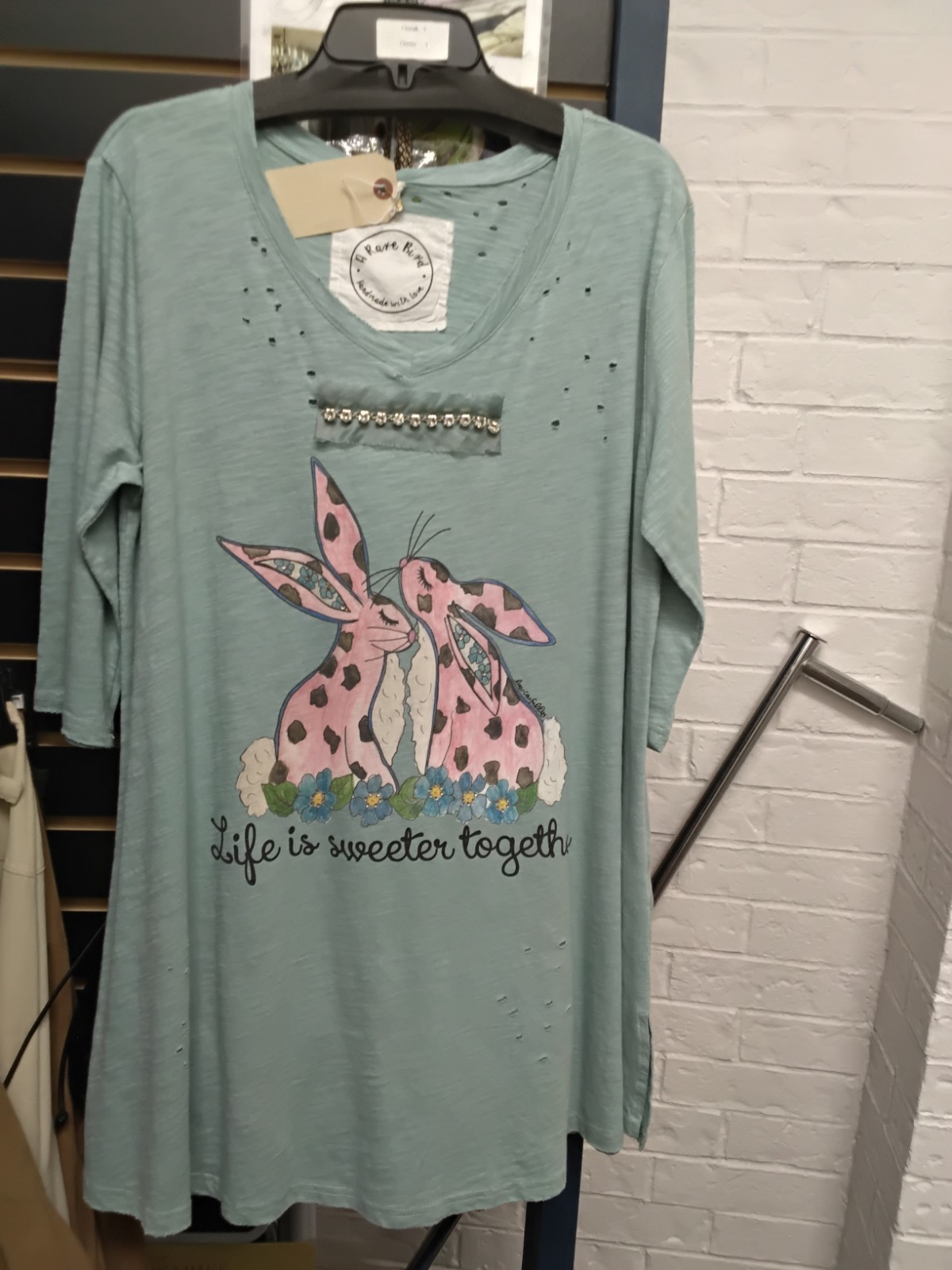 NWT A Rare Bird Life Is Sweeter Together Bunny Tattered Tee – L/XL
