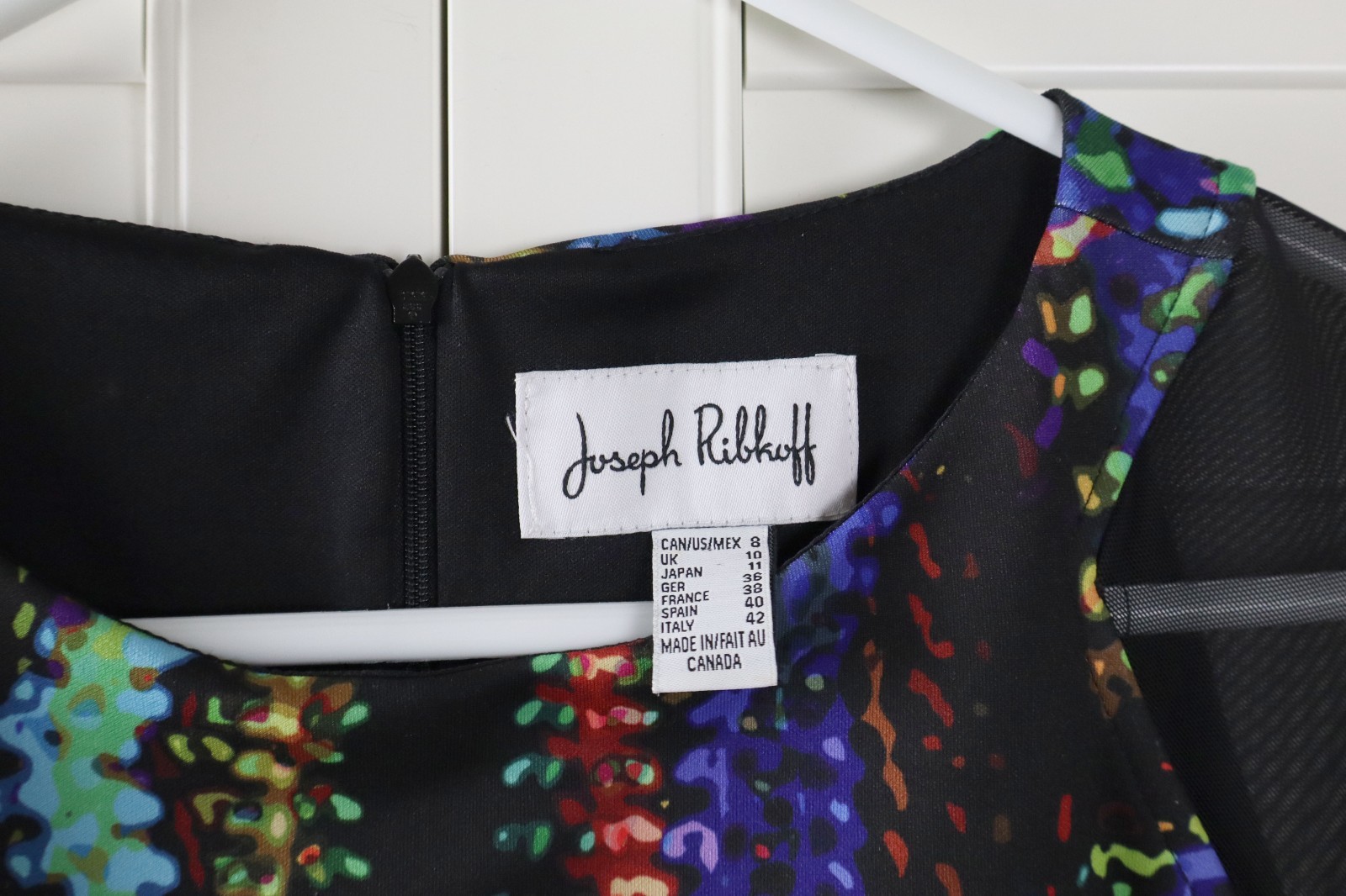 JOSEPH RIBKOFF $262 Stretch Sheer Mesh Sleeve Abstract Print Dress Size 8
