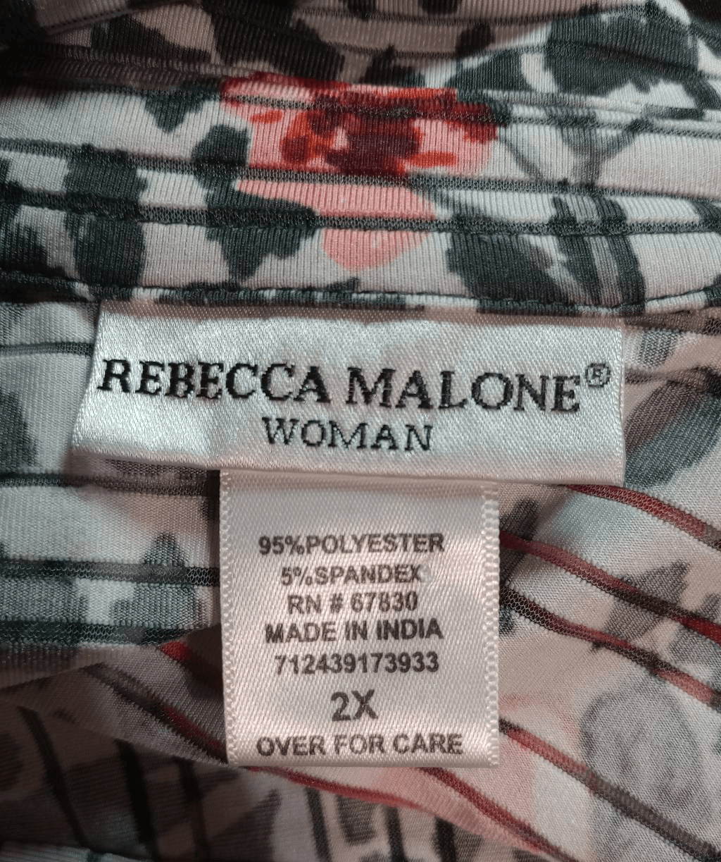 Rebecca Malone Woman 2X Floral Leopard Print Roll Tab Sleeve Button Up Top