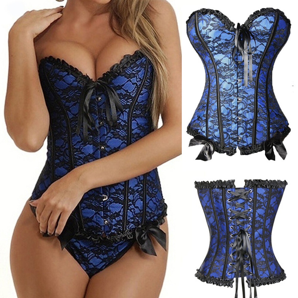 Womens Sexy Lace up Overbust Corset Top Bustier Steampunk Waist Training Cincher