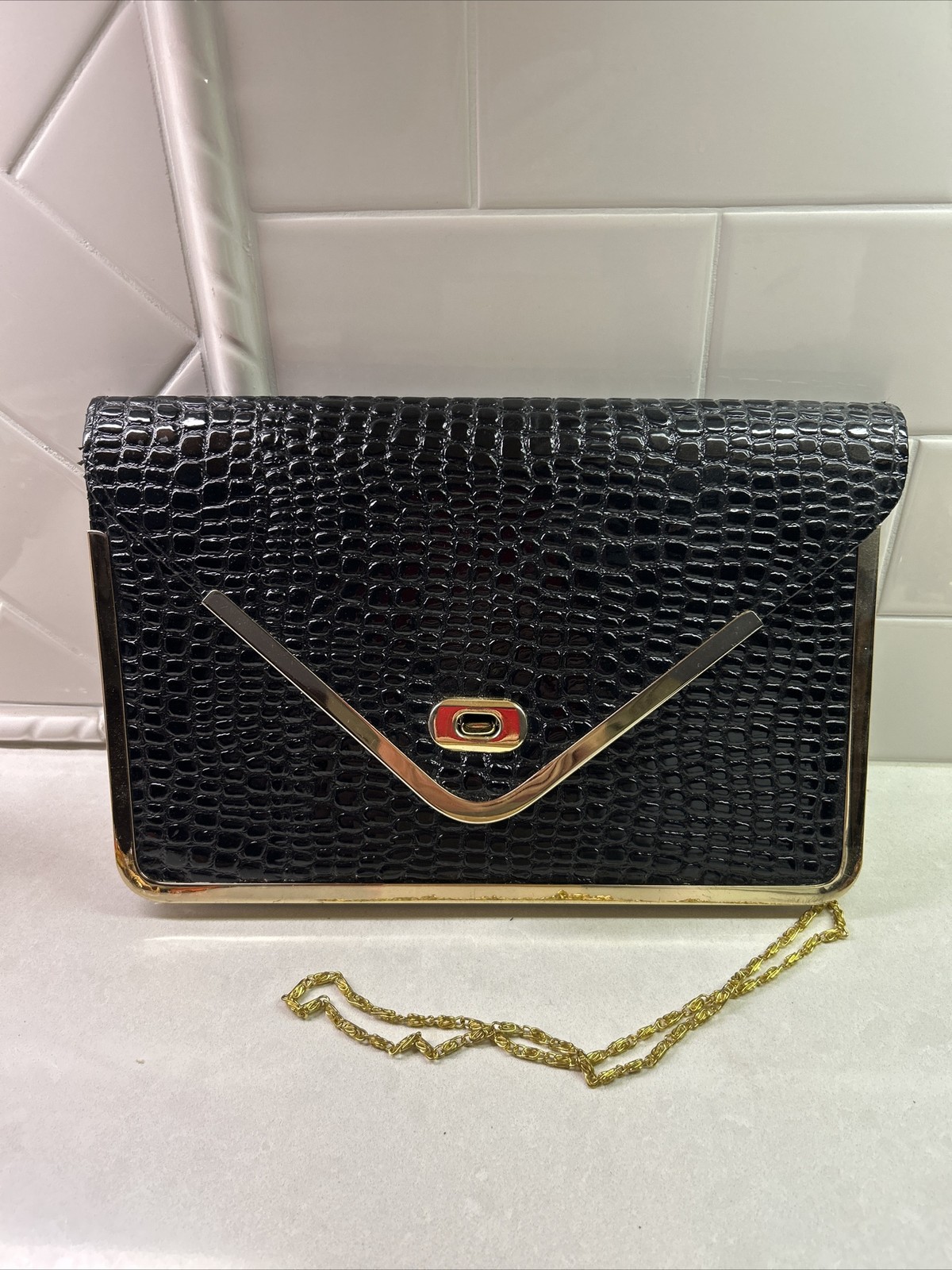 Joan Rivers Black Embossed Croc Print Patent Envelope Evening Clutch Purse