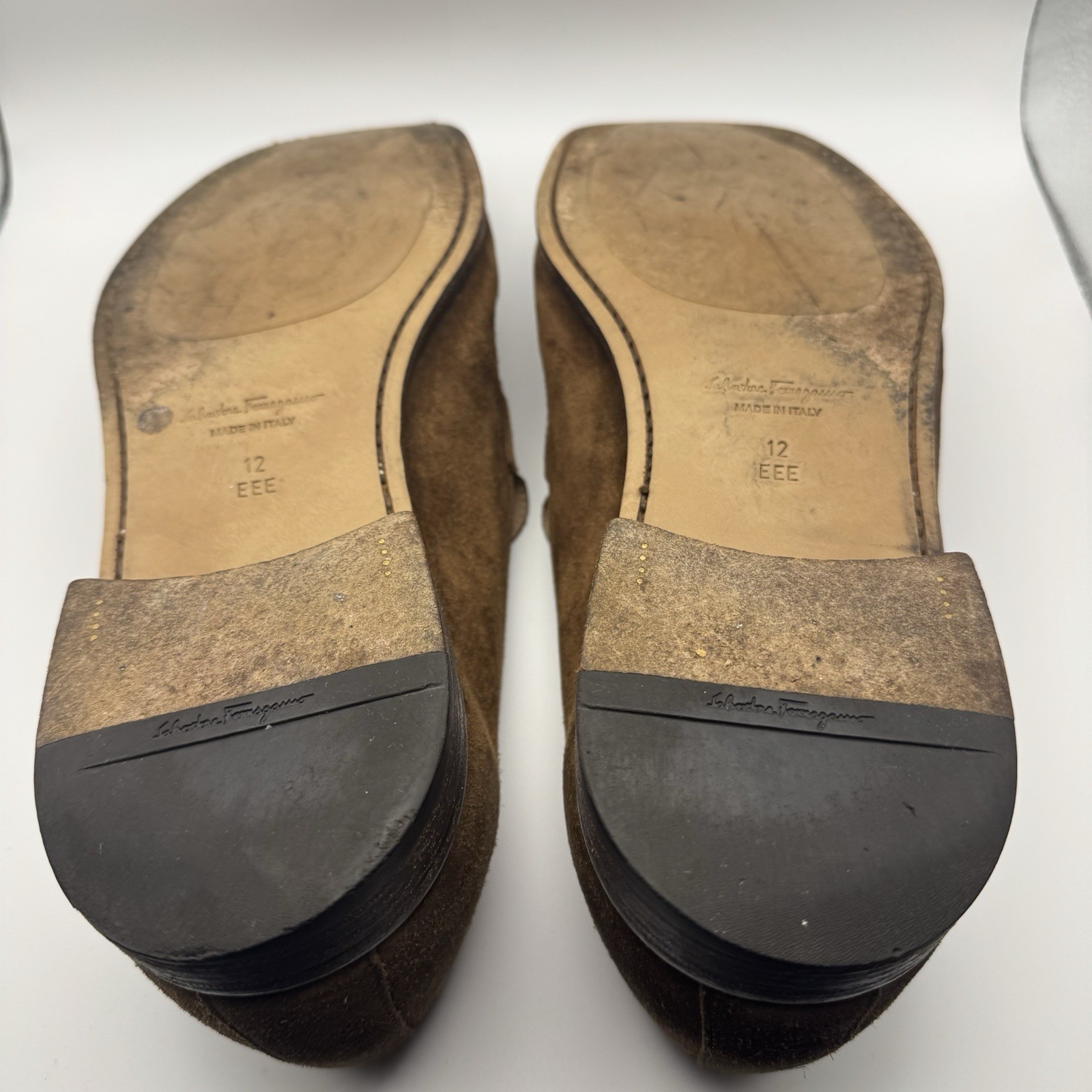 Salvatore Ferragamo Rolo Gancini Loafers Brown Calf Leather Suede 12 EEE Italy