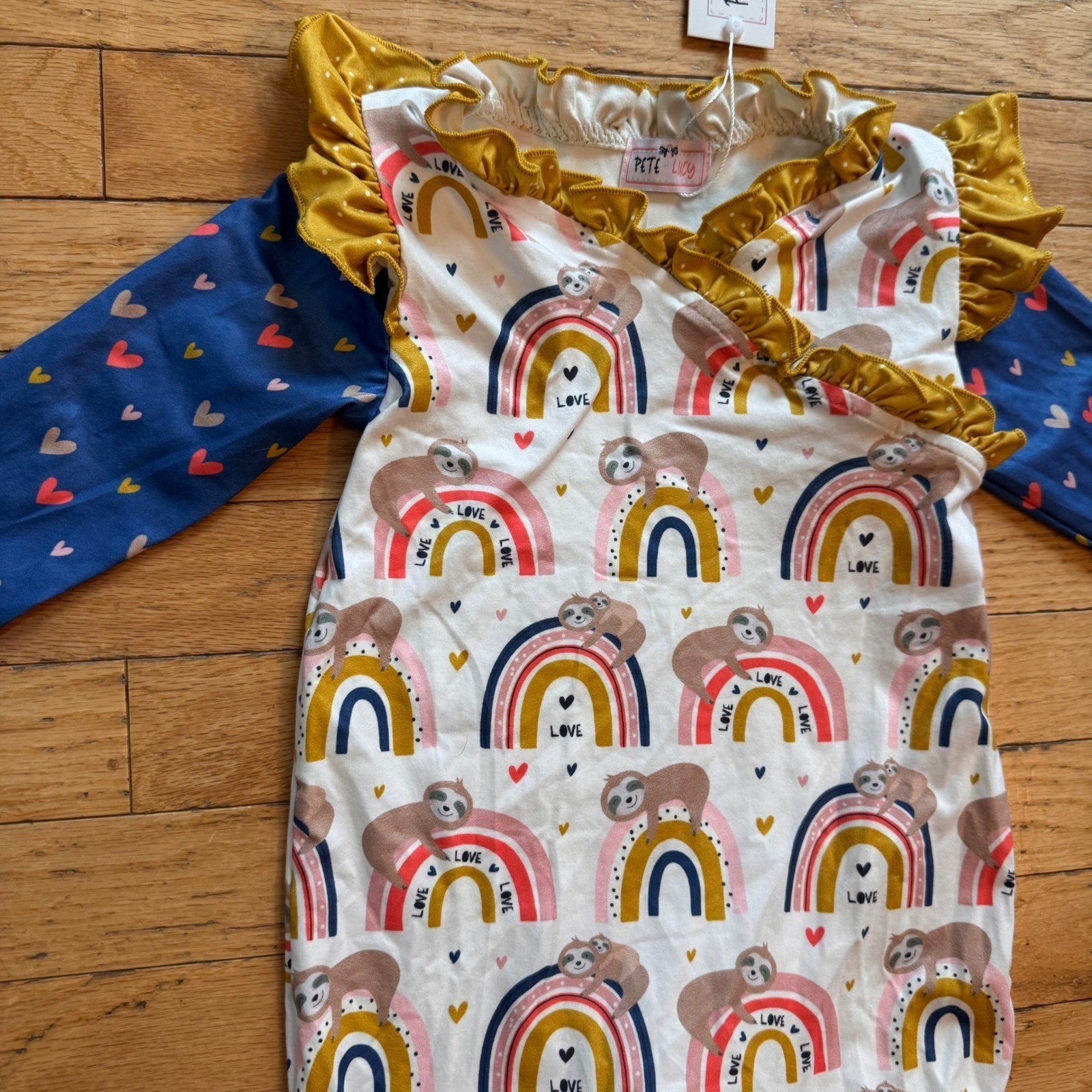 Pete + Lucy Sloth Rainbow Ruffle Romper Blue Mustard Hearts 12-18M NEW