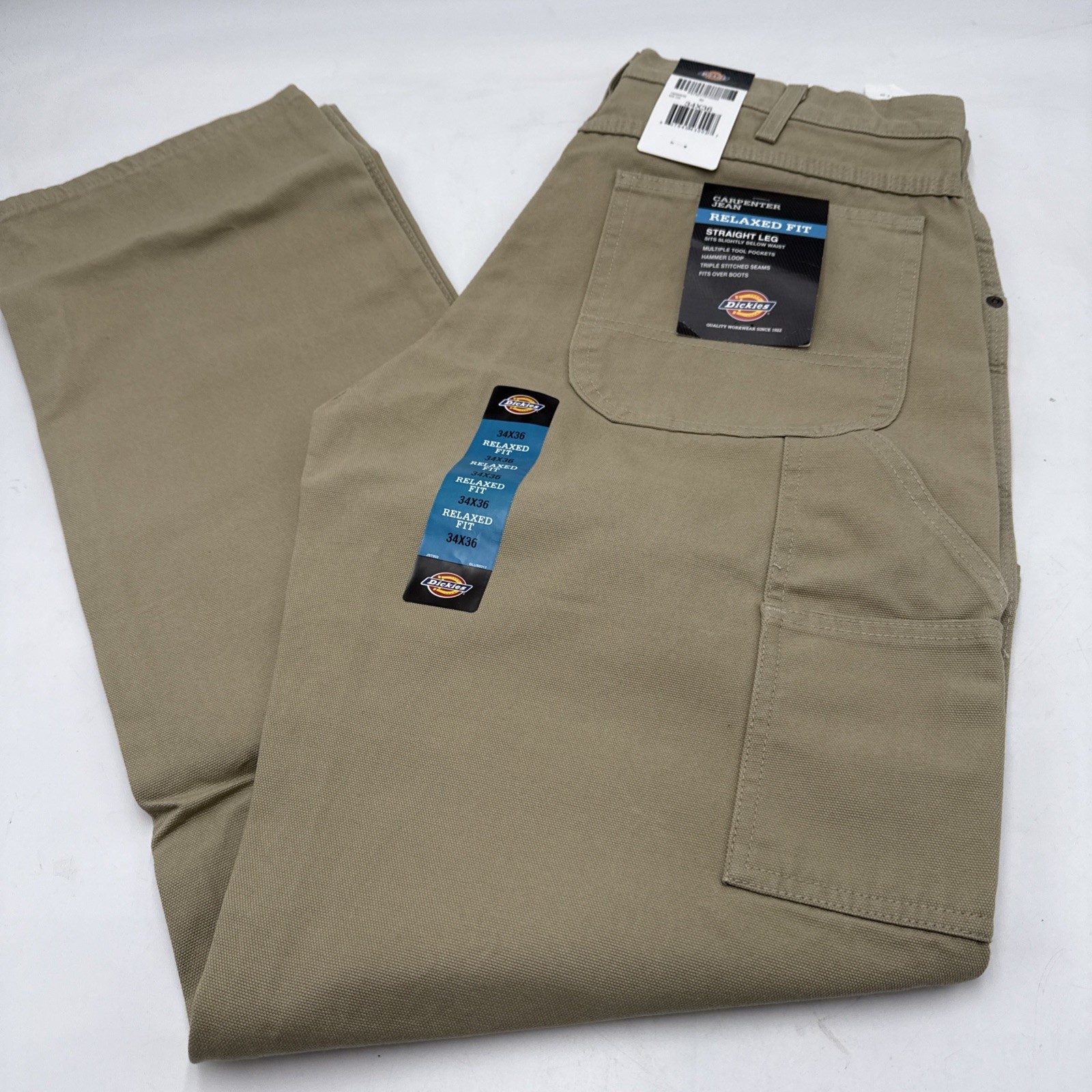 Dickies Carpenter Jeans Mens 34×36 Khaki Relaxed Fit Straight Leg Workwear Tools