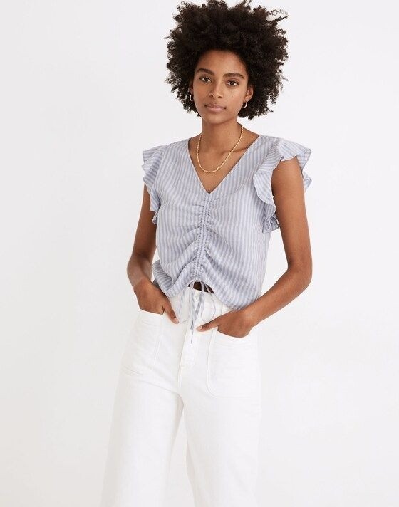 Madewell women’s 0 linen-blend ruffle sleeve drawstring crop top in stripe blue