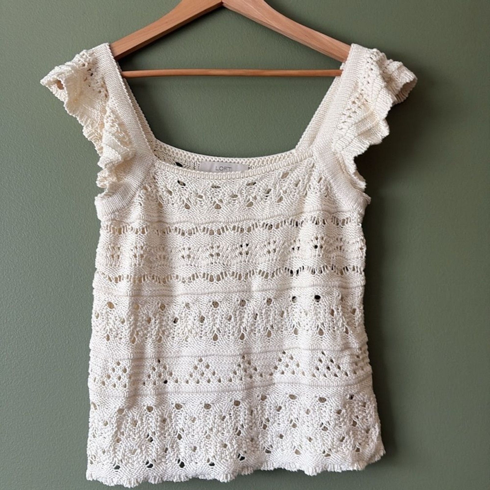 Loft Crochet Ruffle Sweater Tank Top Boho Ivory 100% Cotton Sz L